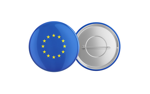 3d Render European Union Flag Badge Pin Mocap, Front Back Clipping Path, It can be used for concepts such as Policy, Presentation, Election.