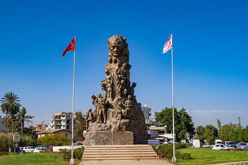 Ataturk Monument (Victory Monument) in the city center of Famagusta. Famagusta (Gazimagusa), Northern Cyprus - November 8 2023.