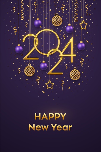 Happy New Year 2024. Hanging Golden metallic numbers 2024 with shining 3D metallic stars, balls, confetti on purple background. New Year greeting card, banner template. Realistic Vector illustration