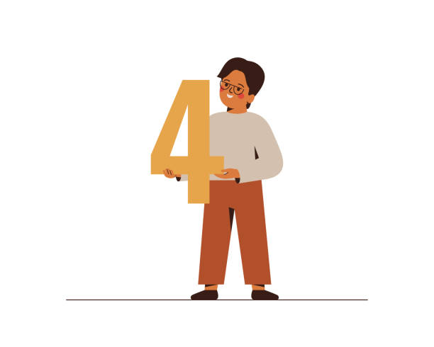 istock Happy boy holds number four by hands. Happy white boy in eyeglasses shows big 4. Vector 1806042039