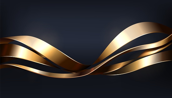 3D flowing metal shapes. Glossy waves. Dynamic curved lines. Decorative shiny gold twist. Motion fluid with metallic gilt tapes. Business presentation. Luxury background. Vector realistic black banner