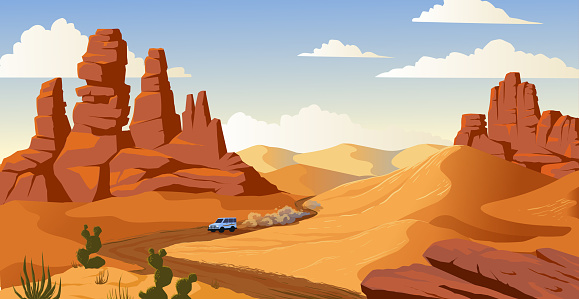 Tourists in desert lands. Wilderness landscape. Hot African trail road. Vehicle on America path way. Car driving on highway. Sand dunes. Dry mountains. Dry drought climate. Vector cartoon illustration