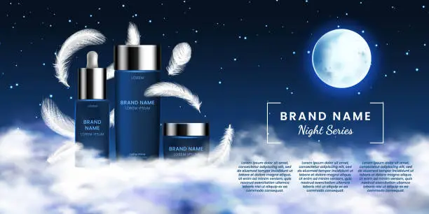 Vector illustration of Night skin care cosmetics. Moisturizing cream. Beauty products. 3D skincare tube or bottle. Premium serum container. Sky clouds and feathers. Vector realistic promotion banner design