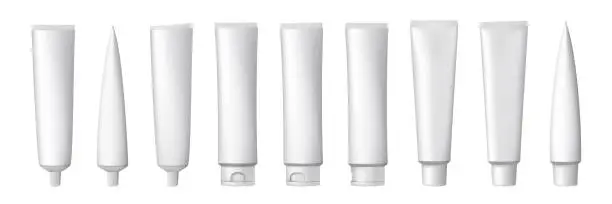 Vector illustration of 3D cream tube. White packaging mockup. Dental toothpaste. Cosmetic package. Plastic container. Medical ointment and beauty lotion. Moisturizer bottles. Vector realistic packing set