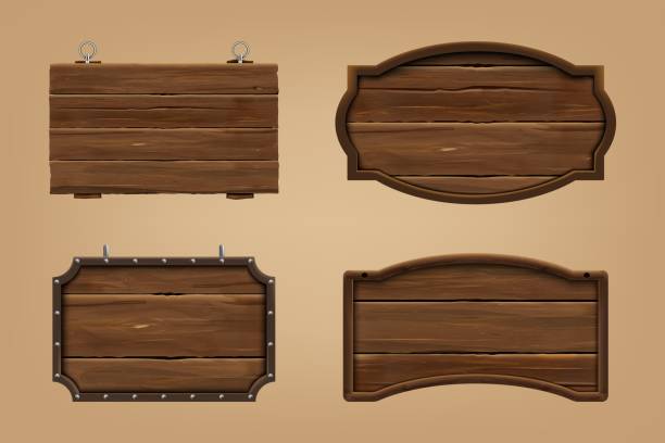 istock 3D wooden sign boards. Wood texture. Natural timber. Old bar or saloon vintage table. Rustic aged frame. Empty billboards. Fence signage. Rustic plank. Vector realistic signboards set 1806044322