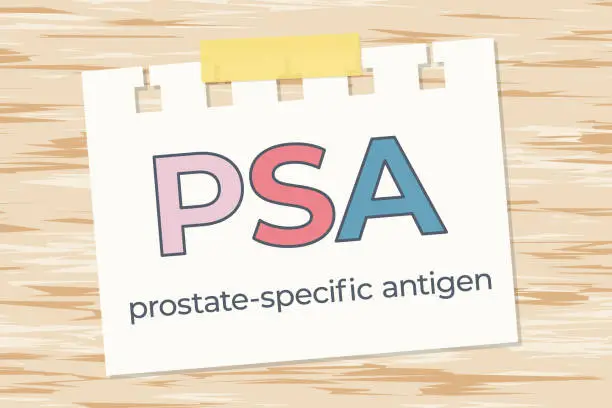 Vector illustration of PSA; Prostate-Specific Antigen written on paper card on wooden background