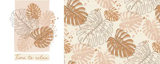 Vector illustration of modern tropical pattern with monstera bushes in practical unisex shades in beige color