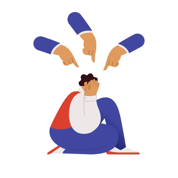 Vector illustration of Fear of criticism, social opinion, bullying. The depressed man is surrounded by mocking gestures. Anxious about other people judging, evaluating, blaming. Modern flat vector illustration.