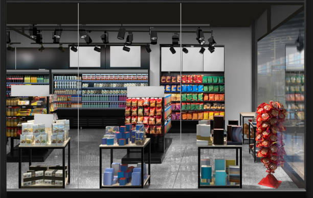 istock Airport grocery shop Mockup front window view 1806078258