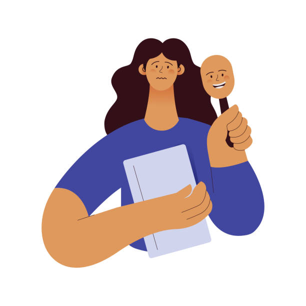 Dissociative identity disorder. Woman feels like a pretender, deceiver hides her face under a mask. Modern flat vector illustration Young woman holding book in one hand and holding mask in other hand. Tragedy mask. dissociative identity disorder stock illustrations