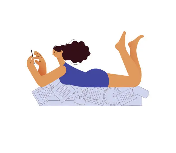 Vector illustration of Procrastination concept. Woman with phone lies on documents and stationery oblivious to mess. Office worker spends working time on procrastination. Modern vector flat illustration