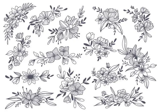 Vector illustration of Set of Floral Branch Doodle Line Art Vector Illustration