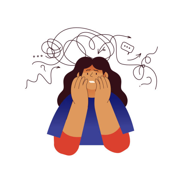 istock Mental disorders illustration. Frustrated woman with nervous problem feel anxiety and confusion of thoughts. Female with anxiety touch head surrounded by thoughts. Vector flat illustration 1806088002