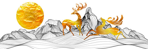 istock Mountains line art wallpaper. Landscape background design with deer and sun. Vector illustration. 1806095237