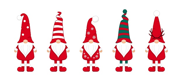 Christmas gnomes in long caps and red boots. Holiday new years character with striped in snowflakes and deer antlers hats covering his eyes with white beard festive scandinavian symbol of wealth and prosperity