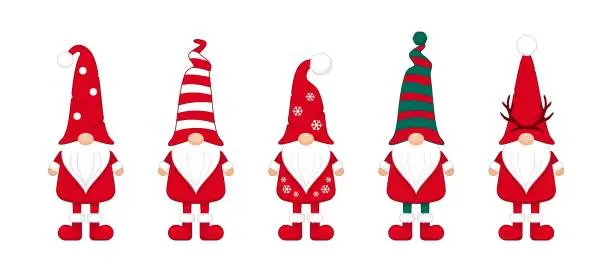 Vector illustration of Christmas gnomes in long caps and red boots