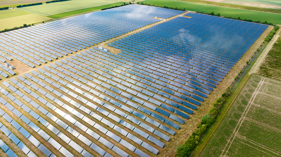 Aerial view of solar panels on manufacturing factory building roof at Shanghai free trade zone,China.