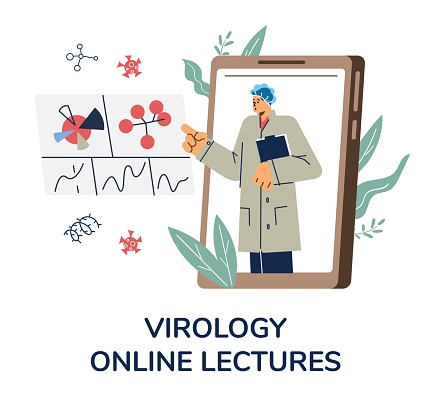 Huge mobile phone with man virologist explanatory diagrams flat style, vector illustration isolated on white background. Decorative design, virology online lectures, science