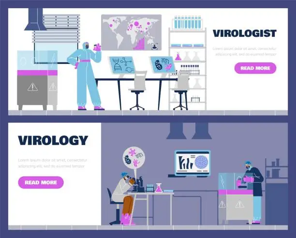 Vector illustration of Virologist doing research in laboratory banners set.