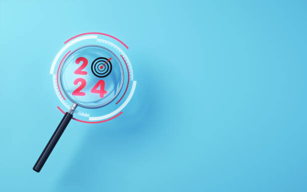 Red 2024 target icon selected with metallic magnifying glass on soft blue background