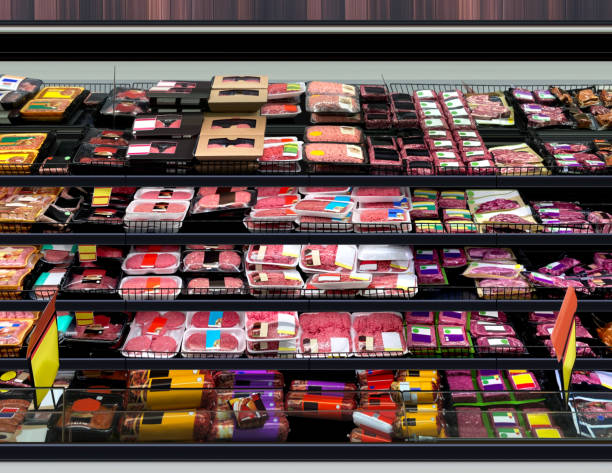Meat Steaks, Ground meat, Ham, and Hot Dogs at supermarket open refrigerator. Meat Steaks, Ground meat, Bologna, Ham, and Hot Dogs at supermarket open refrigerator.. Front View at open fridge. Brand-less packaging mockup and illustration ideal for graphic designers, architects and interior designers. weisswurst photos stock pictures, royalty-free photos & images