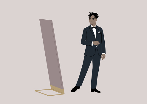An elegant character stands in a fancy boutique, trying on a refined black tuxedo with a bow, while admiring themselves in a grand floor mirror