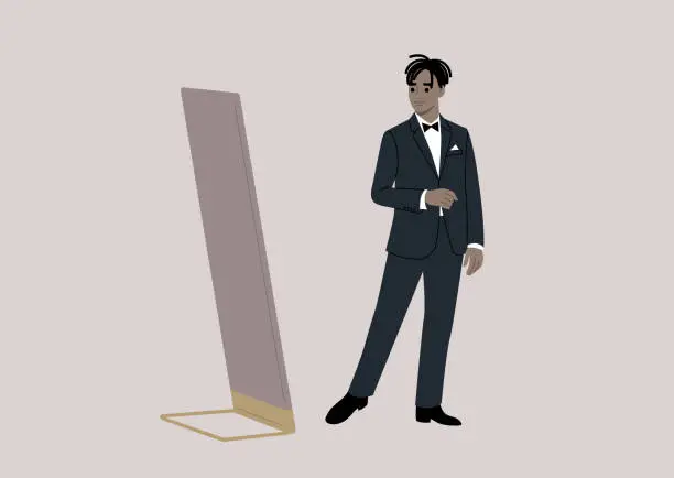 Vector illustration of An elegant character stands in a fancy boutique, trying on a refined black tuxedo with a bow, while admiring themselves in a grand floor mirror