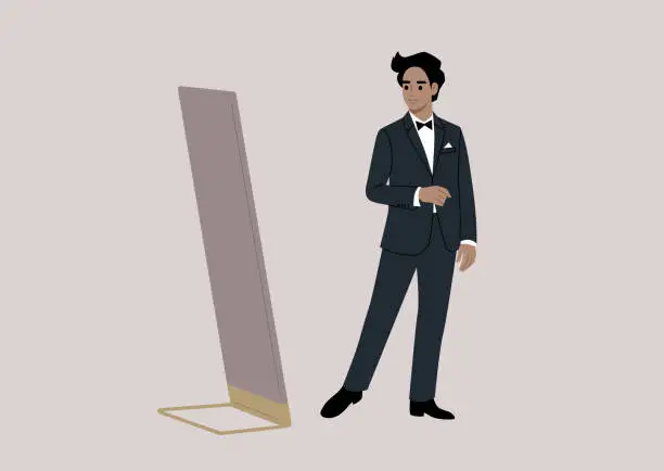 Vector illustration of An elegant character stands in a fancy boutique, trying on a refined black tuxedo with a bow, while admiring themselves in a grand floor mirror