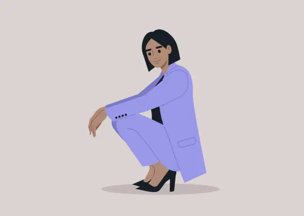 Vector illustration of A poised businesswoman, donned in an elegant lavender pantsuit and high heels, exudes confidence in a purposeful squat