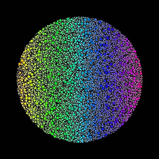 Vector illustration of Colorful mosaic of clustered dots forming a circular gradient on a black background.