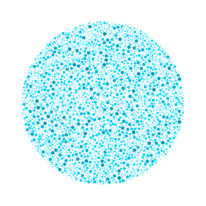 This graphic displays a circle composed of variously sized cyan dots, densely packed to create a textured sphere illusion, giving a sense of depth on a clean white background.