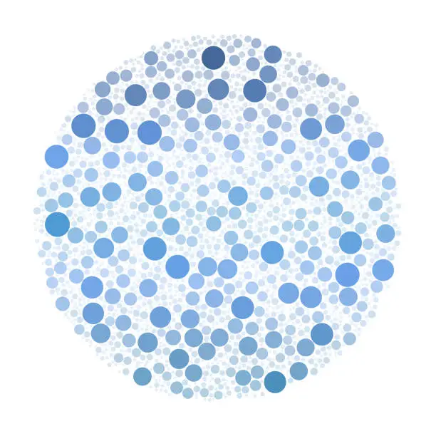 Vector illustration of Blue shades of varying dots coalesce into a spherical shape on white.