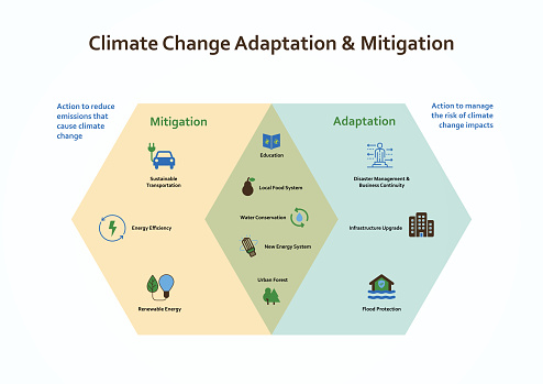 In essence, adaptation can be understood as the process of adjusting to the current and future effects of climate change. Mitigation means making the impacts of climate change less severe by preventing or reducing the emission of greenhouse gases (GHG) into the atmosphere.