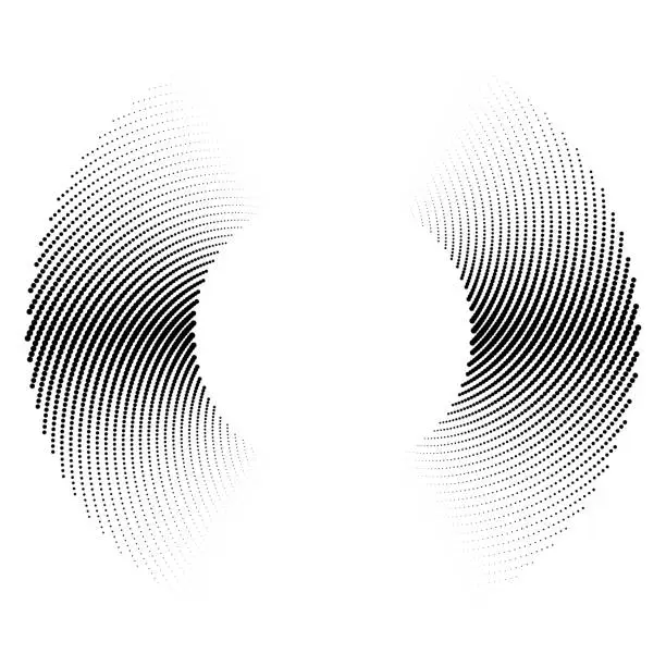 Vector illustration of Twin spirals of black dots create a mesmerizing optical illusion on white.