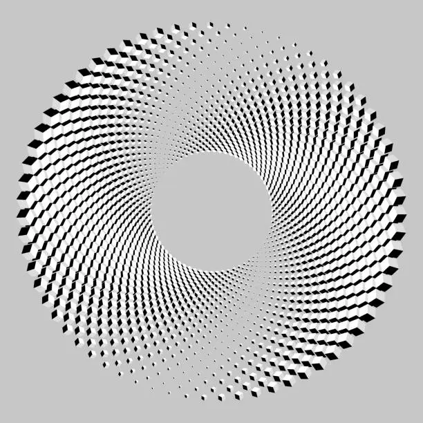 Vector illustration of Monochromatic spiral of halftone dots creates an optical illusion on a gray background.