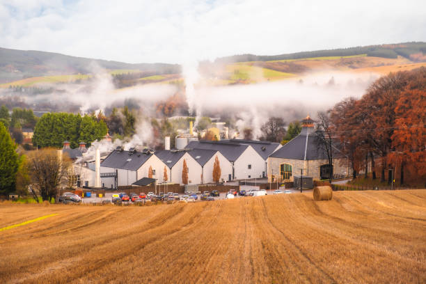 Dufftown, Scotland, the Whisky Capital of the World Looking north on an autumn morning from the village of Dufftown in the Aberdeenshire region of Scotland. Known as the Whisky Capital of Scotland, it hosts a number of world famous distilleries. moray firth stock pictures, royalty-free photos & images