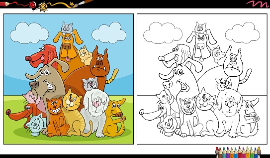 cartoon illustration of cats and dogs animal characters group coloring page