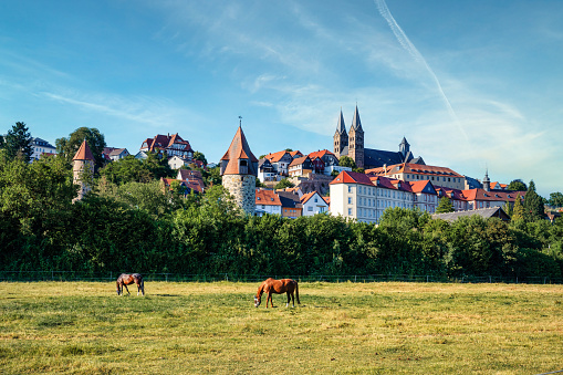 cityscape of historic Fritzlar on the hill with the towers of the Cathedral in the background
