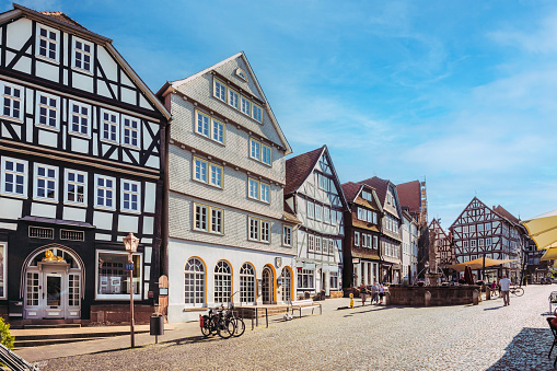 Germany, Freiburg im Breisgau city houses and muenster church at marketplace in downtown, view above the skyline of the medieval town