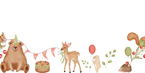 Watercolor illustration isolated seamless border with cute forest animals bear, fawn, squirrel, hare, hedgehog and birthday cake. Birthday theme pattern. Fabric edge. For the design of banners and cards.