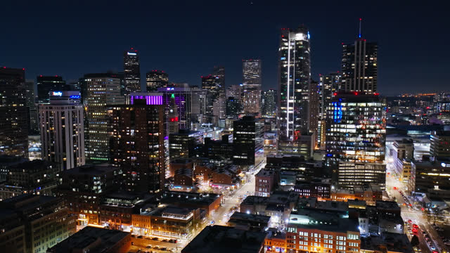 Rightwards Aerial Shot of Downtown Denver on Snowy Night in Fall
