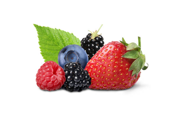 istock Different fresh ripe berries and green leaf isolated on white 1806179375