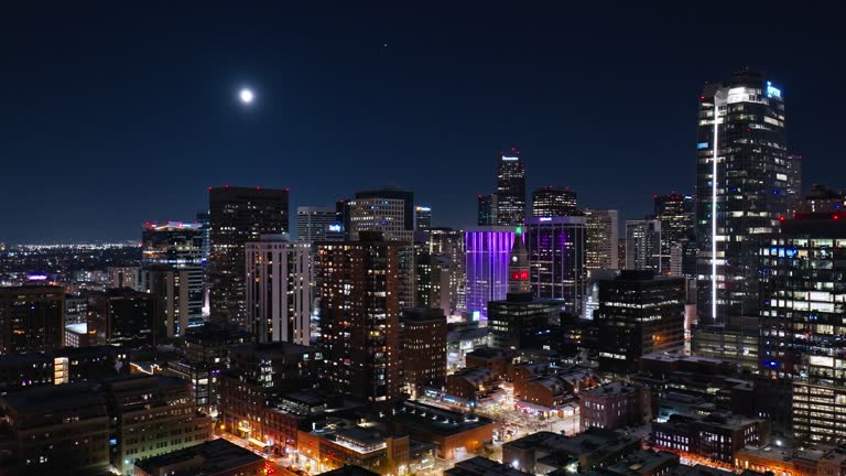 Leftward Ascending Drone Shot of Downtown Denver at Night