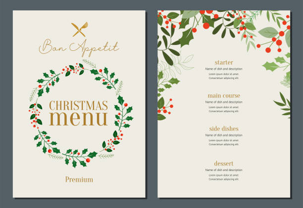 weihnachtsmenü mit kranzrahmen - invitation elegance dinner backgrounds stock-grafiken, -clipart, -cartoons und -symbole