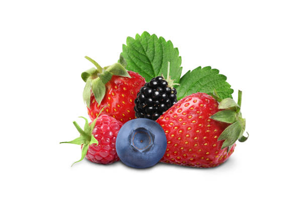 Different fresh ripe berries and green leaves isolated on white