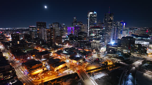 Forward Drone Shot of Downtown Denver on Snowy Night in Fall