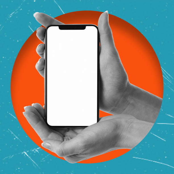 istock Cell phone with white screen in female hands, isolated on blue background. Blank space for copying. 1806191017