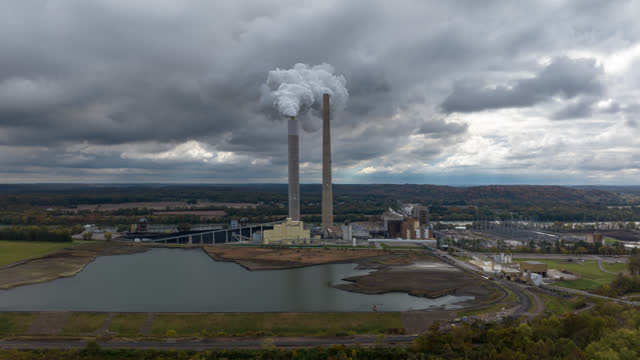 Aerial Hyper Lapse of the Kyger Creek Power Plant in Cheshire, Ohio on Overcast Day