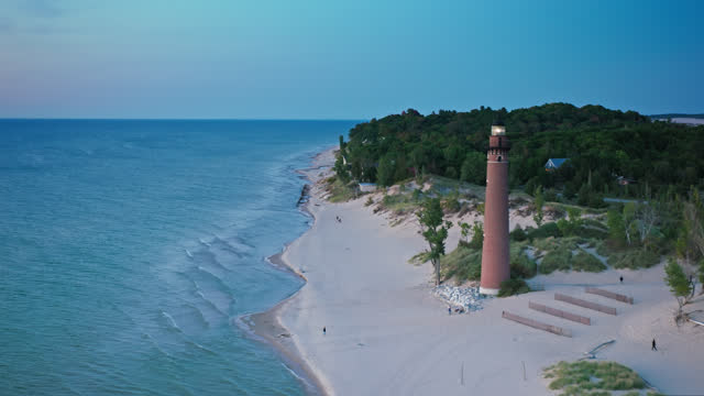 Little Sable Point Light on Shore of Lake Michigan at Dusk - Aerial