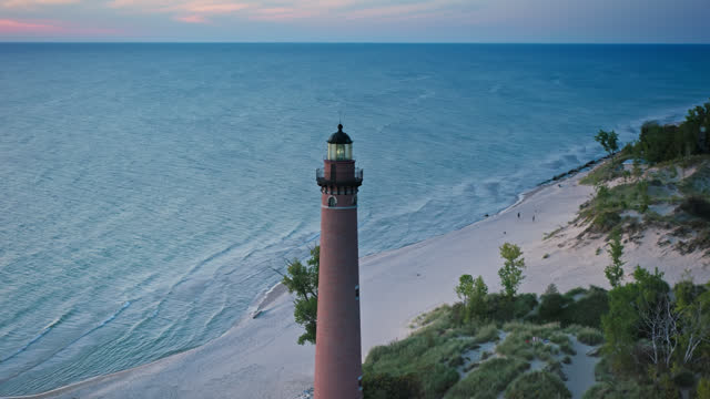 Drone Flight Around Little Sable Point Light on Shore of Lake Michigan